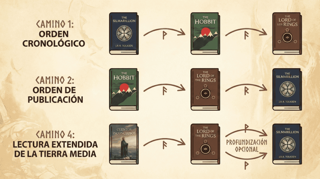 Diagrama de flujo con el orden de lectura recomendado de los libros de Tolkien