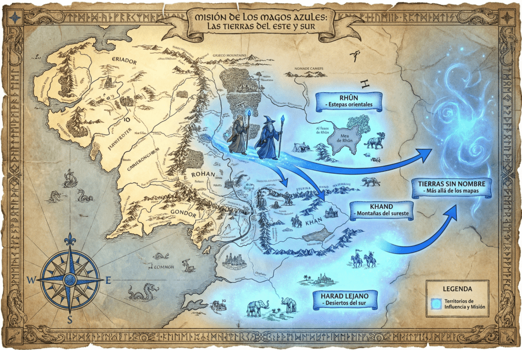 Mapa de la misión de los Magos Azules: territorios orientales de Rhûn, Khand y Harad