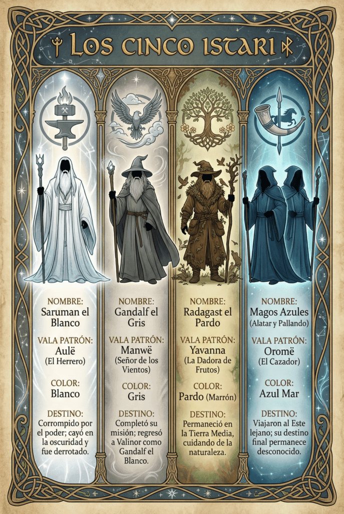 Infografía de los cinco Istari de Tolkien: Saruman, Gandalf, Radagast y los dos Magos Azules