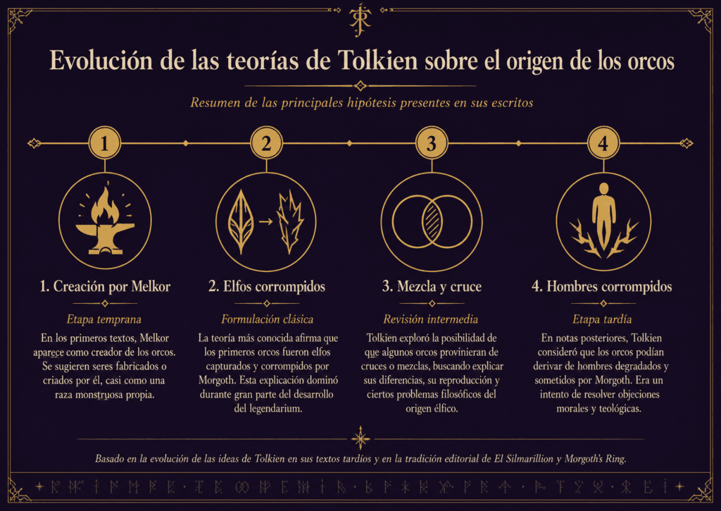  Origen orcos Tolkien — diagrama de las cuatro teorías evolutivas del legendarium (1917–1965)