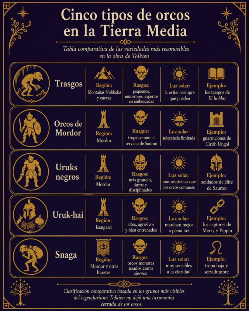 Tipos de orcos en la Tierra Media — tabla comparativa por época y señor oscuro