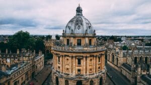 Aerial view of the iconic Radcliffe Camera in Oxford, England, showcasing classic architecture.