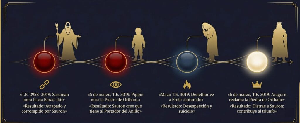 Las Palantíri de Tolkien: Origen, funcionamiento y destino de las Piedras Videntes Palantíri Guerra del Anillo – Línea de tiempo del uso de las Piedras Videntes por Saruman, Pippin, Aragorn y Denethor